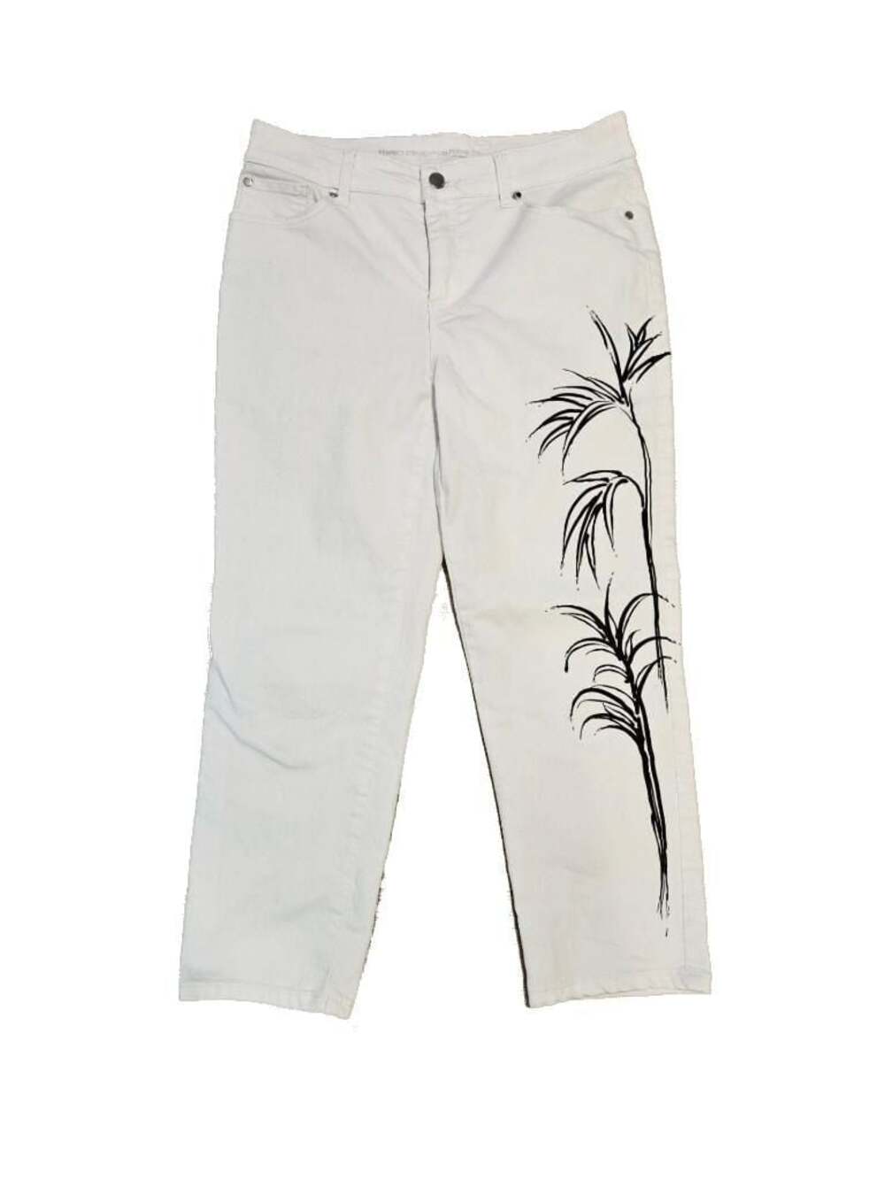 Chicos Stretch Girlfriend Straight Leg Crop White Bamboo Graphic Jeans Sz 0.5